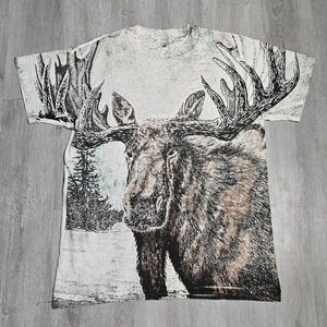 Vintage 90s Big Moose All Over Print AOP Tee Nature Single Stitch Size Large